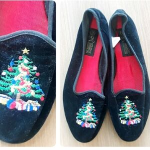 Vintage Holiday Edition Black Velvet Embroidered Christmas Tree Shoes Size 8